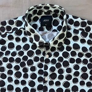 JEFF‎ Mens Oreo Cookie Print Button Up Shirt XL Light Blue Short Sleeve Cotton